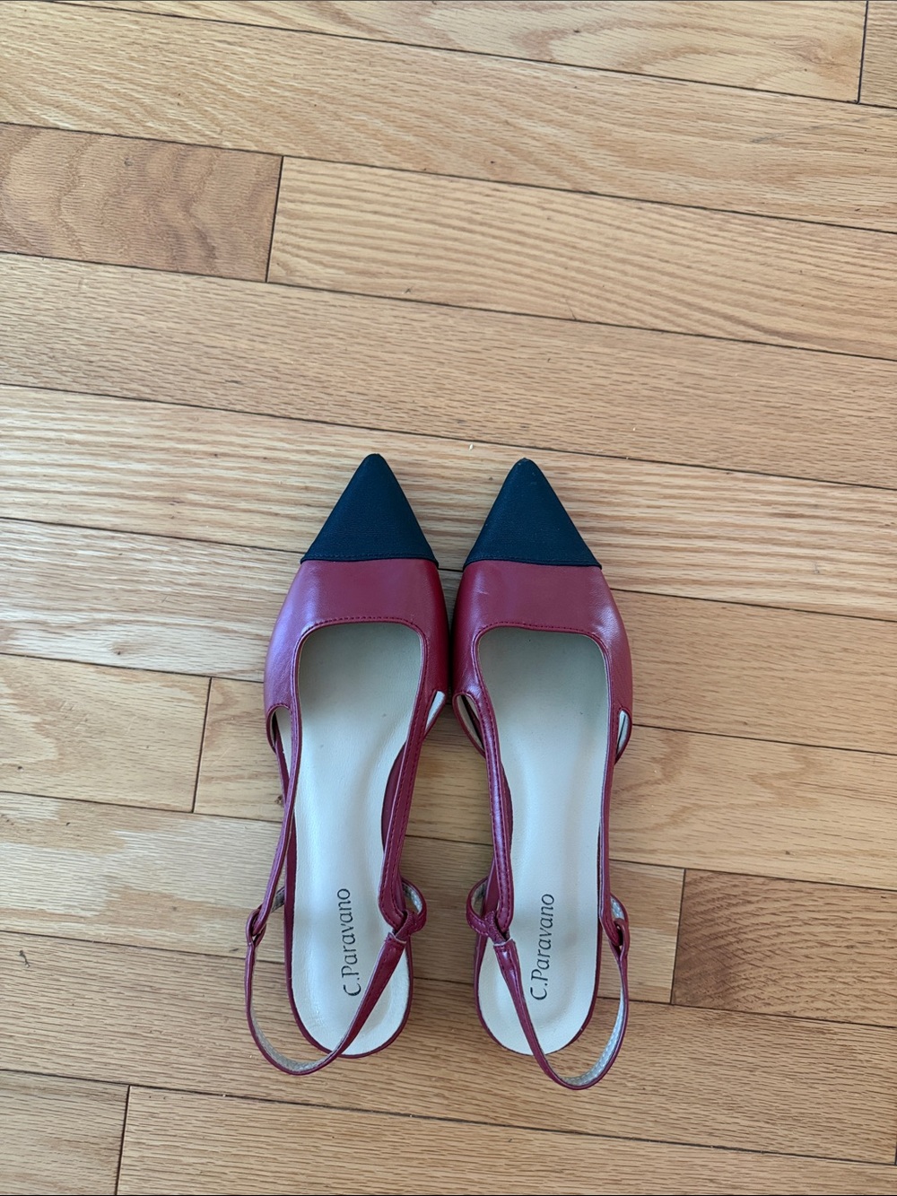C. Paravano Red and Black Pointed Slingback Flats